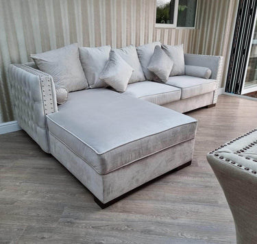 Luxury Moscow Corner Sofa in Cream Velvet with Deep Button Detailing & Scatter Cushions - UK Luxury Furniture